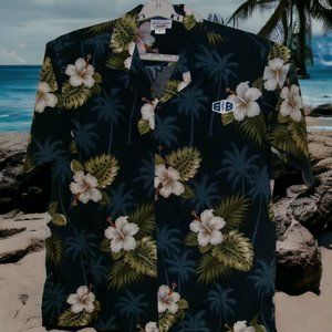 Pacific Legend Hawaiian Luau Button Up Down Shirt XL Blue White Hibiscus. Read